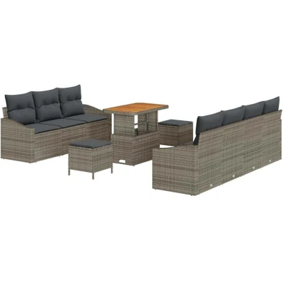Image of vidaXL 10 Piece Garden Sofa Set with Cushions Grey Poly Rattan Acacia