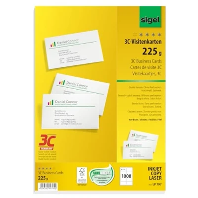 Image of SIGEL LP797, 85x55 mm (A4), Business Cards, 3C, smooth cut all around, 225 gsm, printable, bright White, 1000 Piecesequal to100 sheets
