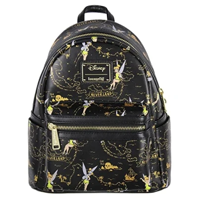 Image of Loungefly Disney Tinkerbell Neverland Treasure Map All Over Print Little Bit Of Pixie Dust Mini Backpack, Black, One Size