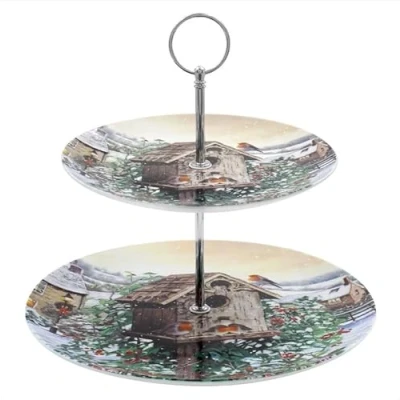 Image of The Leonardo Collection LP52608 Christmas Robins 2 Tier Cake Stand, Fine China, Boxed