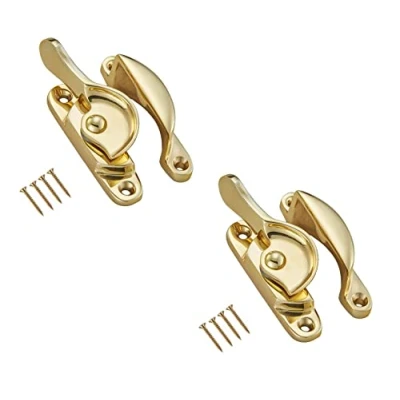 Image of TERF® Traditional Vintage Polished Brass Sash Window Lock Catch Latch Fitch Fastener With Fixing Screws For Wood Aluminium UPVC Vinyl Frames Pack of 2