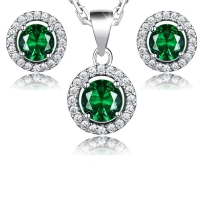 Image of Crystalline Azuria Women 18ct White Gold Plated Round Green Simulated Emerald Zirconia Crystals Set Pendant Necklace 17.7 inches Stud Earrings