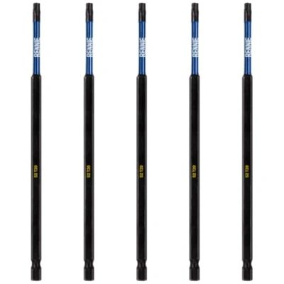 Image of 5 x Rennie Tools 150mm Long T20 TX20 Impact Screwdriver Driver Bits Set. Heavy Duty Magnetic Torx Bit Black Oxide Coated Bits.