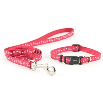 Image of Ancol Small Bite Stars Collar (adjusts 20 30 cm) and Lead (1m x 10 mm) Set Red