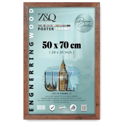 Image of Z&amp;Q Wall Mounted Poster Picture Frame Rustic 50 x 70 cm Display Painting Photo Print With HD Clear Perspex Both Ways Hanging Hooks MDF Wood 30x15mm Moulding