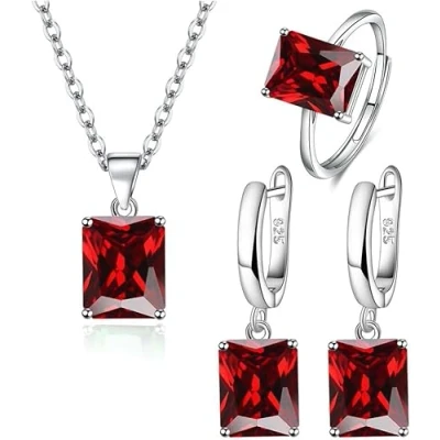 Image of FDEETY Jewelry Sets for Women Rhinestone Crystal Necklace Adjustable Ring Drop Dangle Earrings Set Gifts Bridesmaid Costume Dress Prom (Red)