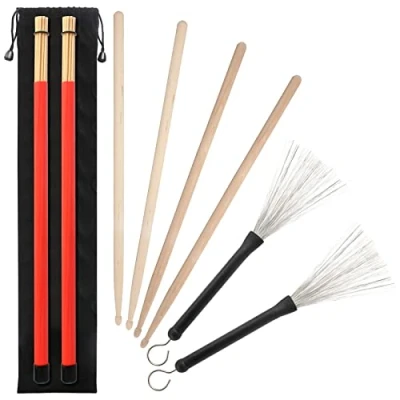 Image of 5A Drumsticks, 2 Pairs Classic Maple Drum Stick Sets With Retractable Wire Brush and Professional Bundle Dowel Drumsticks Plus Waterproof Bag Accessories