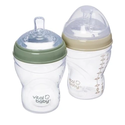 Image of Vital Baby Nurture Breast Like 0m+ Feeding Bottles, 240ml 2pk, Self Sterilising in 3 Mins, Triple Anti Colic Valves, Slow Flow Teats, EarthSmart Biodegradable, BPA Free