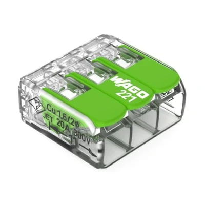 Image of WAGO Green Range Terminal Block 3 Wire, to 4 mm², Splicing Connectors Pole with Lever for All Conductor Types Pluggable, 221 423, 12 pcs