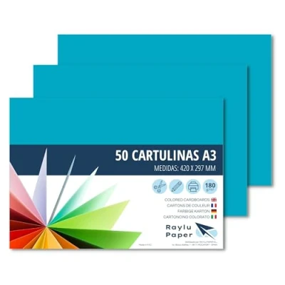 Image of RAYLU Paper Coloured A3, Pack of 50 Cardboard 180g/m², 297 x 420 mm, Professional Boxes for Office, Copy Paper, Colourful Crafts (Turquoise)