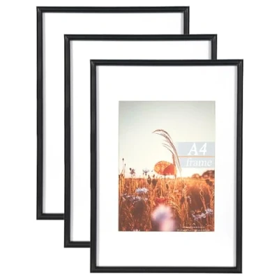 Image of Baoee Black Wooden Picture Frame A4 with Mount,Set of 3,A4 Frame,A4 Poster certificate frame,Freestanding and Wall Mountable