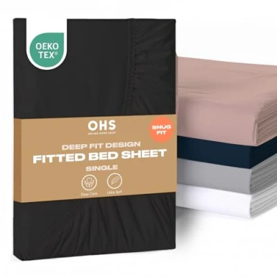 Image of Brentfords Black Single Fitted Sheet, Deep Sheet Bed Cover Easy Care Fade Resistant Ultra Soft Bedding Linen Microfibre