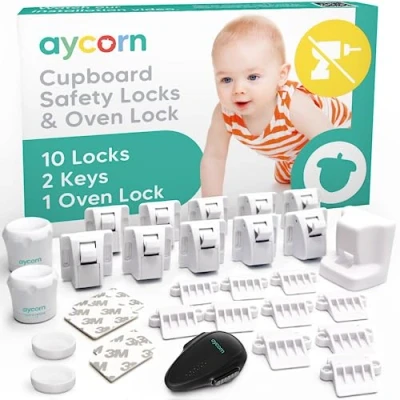 Image of AYCORN® Magnetic Safety Cupboard Locks [10x] &amp; Oven Lock [1x] for Children [Includes 2X Keys] Child Baby Proofing Kitchen, Cabinets and Drawers, 30 Second Install
