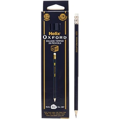 Image of Helix Oxford 2B Grade Graphite Pencils with Eraser Tip (Pack of 12) Plastic Free Packaging, 857201