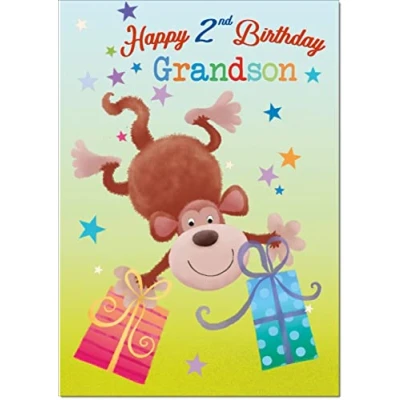 Image of doodlecards Grandson 2nd Birthday Card Age 2 Monkey Medium Size with Plain Envelope