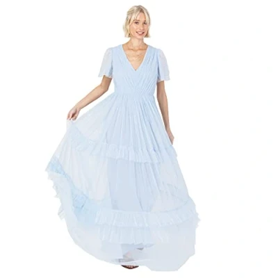 Image of Anaya with Love Ladies Maxi Dress for Women Short Sleeve Evening Ball Gown Tiered V Neck Bow Tie Bridesmaid Wedding Guest Prom Long ,Light Blue,12