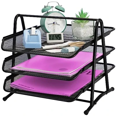 Image of 3 Tier Mesh Letter Tray Office Filing Trays Holder Desk Organiser Stacking Supports Document Paper Holder，Metal File Organizer for School Home And (3 Tier)