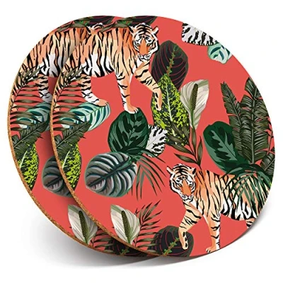 Image of 2 x Round Coasters Tropical Tiger Big Cat Wild Cork Backed Home Kitchen Accessory Tea Coffee Mug Mat #2073