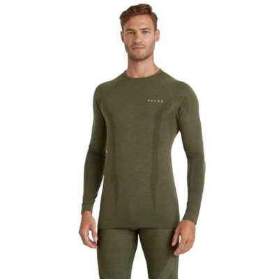 Image of FALKE Men&#039;s Wool Tech Round Neck M L/S SH Functional Yarn Quick Dry 1 Piece Base Layer Top, Green (Olive 7830), XXL