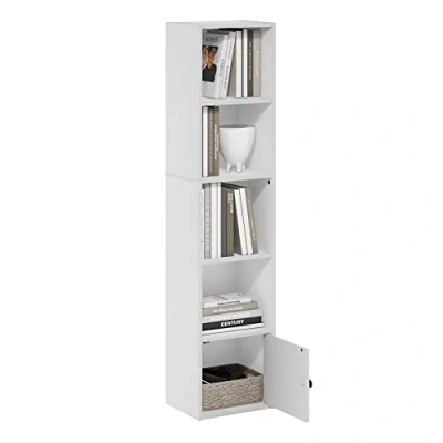 Image of Furinno Luder 5 Tier Shelf Bookcase with 1 Door Storage Cabinet, White
