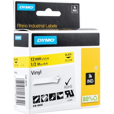 Image of Dymo Rhino 12MM Yellow Perm Vinyl Tape 18432