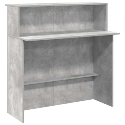 Image of vidaXL reception desk/greeting counter in concrete grey engineered wood work station with integrated shelves/ample storage for office, salon, clinic use 100x50x103.5 cm, modern style.