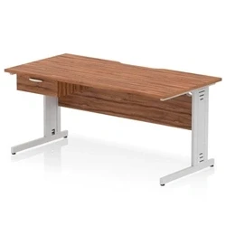 Image of Impulse 1600 x 800mm Scalloped Edge Office Desk Walnut Top Silver Cable Managed Leg Workstation 1 Drawer Fixed Pedestal