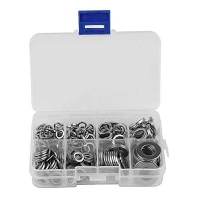 Image of Stainless Steel Washer Set, Flat &amp; Spring Lock Tool Kit Washers Quick Speed Locking Fasteners Assortment M5 M6 M8 M10 with Box 200pcs/Set