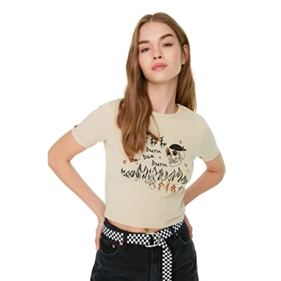 Image of Trendyol Women Young Regular fit Basic Crew Neck Knit T Shirt Stone