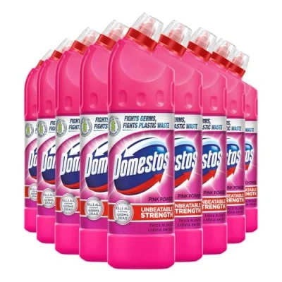 Image of Domestos Thick Bleach Pink Power Multi Purpose Disinfectant Anti Bacterial Surface Cleaner Gel Limescale Remover for Toilet, Bathroom and Kitchen, 750ml (Buy 9)