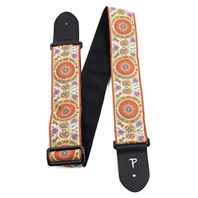 Image of Perri’s Leathers Ltd. Guitar Strap Nylon Jacquard Rose &amp; Skull Beige Adjustable For Acoustic/Bass/Electric Guitars Made in Canada (TWS 7141)