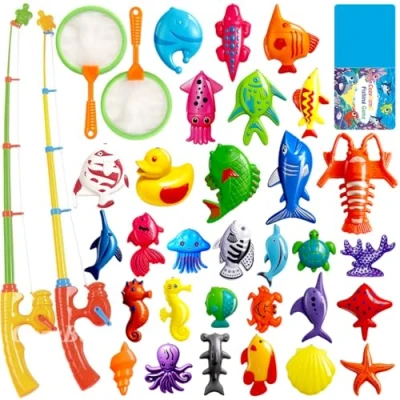 Image of CozyBomB Magnetic Fishing Toys Game Set for Kids Bath Time Pool Party with Pole Rod Net, Plastic Floating Fish Toddler Education Teaching Christmas Birthday Gifts Ocean Sea Animals