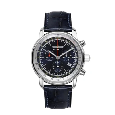 Image of Zeppelin Series LZ14 Navy with Crocodile Look Leather Strap, Silver &amp; Blue
