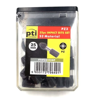 Image of PTI 25pc POZI PZ3 X 25MM Impact Screwdriver Bits Set Single Ended PoziDriv No.3 Heavy Duty Including Storage Box