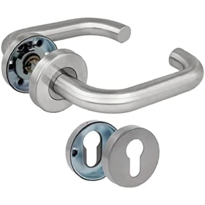 Image of Amig Set of Handles with Rosette for Doors Model 3RBX 140 x Ø19 mm 8 Square Elegant and Simple Design Matte Silver Stainless Steel