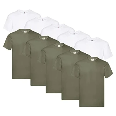Image of Fruit of the Loom Men&#039;s Original T. T Shirt (Pack 10), 5 x White + Olive 1 Hl Purchase Notepad, XL
