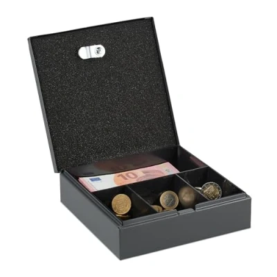 Image of Relaxdays Lockable Cash Box, Removable Insert, 4 Compartments, Money Safe, Iron, HxWxD: 6 x 17 17.5 cm, Grey