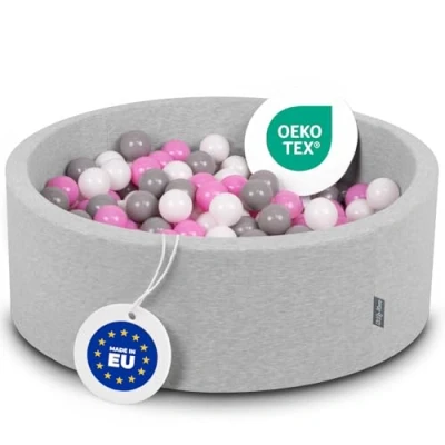 Image of KiddyMoon 90X30cm/300 Balls ∅ 7Cm / 2.75In Baby Foam Ball Pit Made In EU, Light Grey:Grey/White/Pink