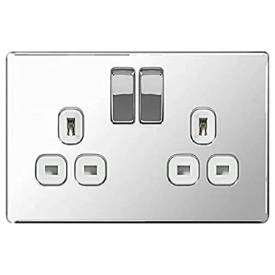 Image of BG Electrical FPC22W 13 A 2 Gang Metal Double Pole Switched Socket Flat Polished Chrome 5 pack