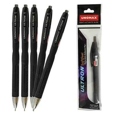 Image of Black Ballpoint Pens, Retractable, 0.7mm Fine Point, Pack of 5, UNOMAX SoftRT Smooth Ball Soft Grip, Everyday Use, PATEL Pen