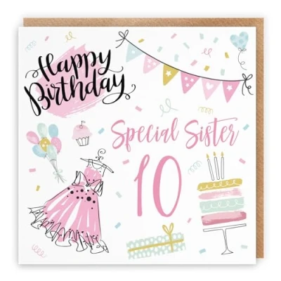 Image of Hunts England Sister 10th Birthday Card Happy Special 10 Party Collection Fun, Pink Dress, Cake Pretty