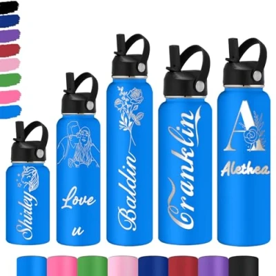 Image of Akmxem Personalized Water Bottles for Kids Custom Bottle with Name Customized Insulated Stainless Steel Engraved Straw Gift School Sports Outdoor