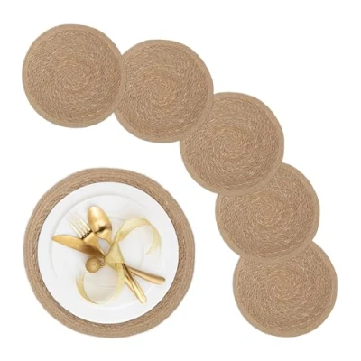 Image of Relaxdays Place Mat Set, 6x Coaster, Tableware, Decor Table Protector, Round, Ø 37 cm, Water Hyacinth Material, Natural, Plant fibre
