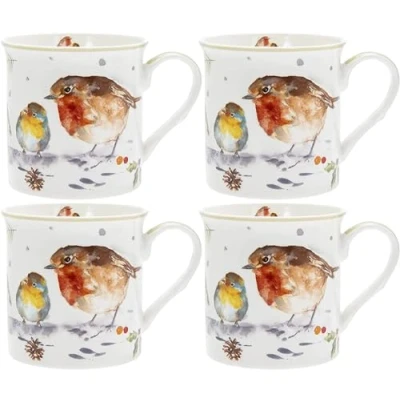 Image of Christmas Tableware Set of 4 Mugs Winter Robins Design