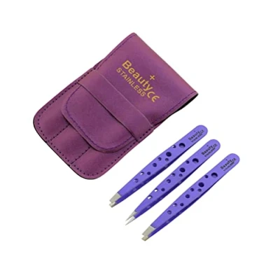 Image of Beauty+ Precision Tweezers Set Pack of 3 Professional with Carry Pouch, Stainless Steel Tweezer Light Weight Handle, Splinter Hair and Facial Remover (Purple)