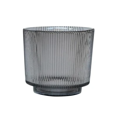 Image of Ivyline Round Candle Holder in Charcoal Glass with Ribbed Design Elegant Table Centrepiece Modern Home Decoration H14 x W15 cm