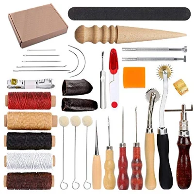 Image of HOSTK 33pc DIY Leather Craft Hand Kit Tools Set for Sewing Stitching Stamping Carving Saddle Artwork Accessories Awl Thimble