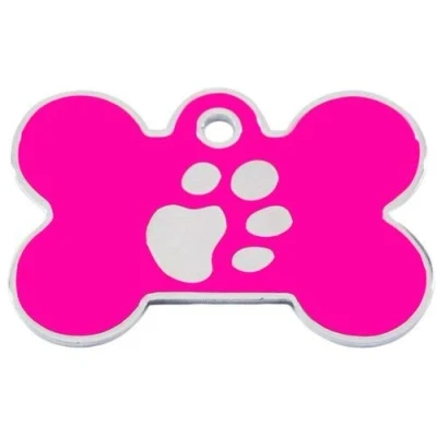 Image of Surrey Feed LARGE PINK BONE TAG with SILVER PAW PRINT DESIGN. Engraved Dog/Pet ID NAME Tag. Pet Fashion. PLEASE EMAIL US ENGRAVING DETAILS WHEN PLACING YOUR ORDER.