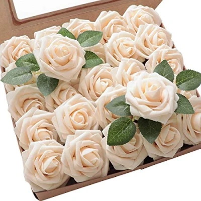 Image of Ancokig Artificial Flowers Rose Real Looking Fuchsia Fake Foam Roses for DIY Wedding Bouquets Centerpieces Bridal Shower Party Home Decoration (Champagner,25pcs)
