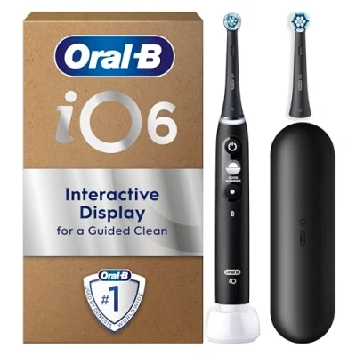 Image of Oral B iO 6 Black Electric Toothbrush, 2 Toothbrush Heads, 1 Travel Case, Designed by Braun